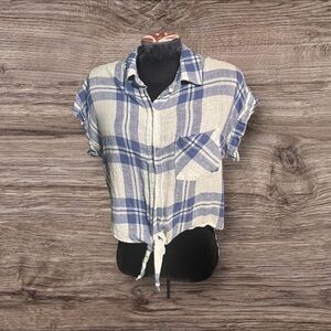 Rails Plaid Amelie Blue White Linen Blend Cropped Tie Up Button Up Top Size S
